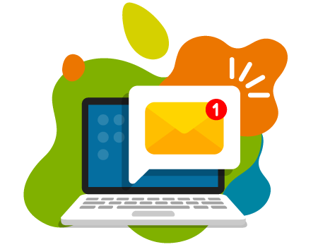 Laptop z ikoną wiadomości oraz powiadomieniem.